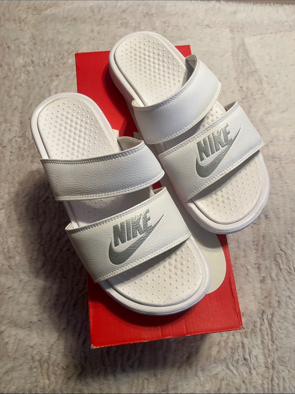 Nike White Double-Strap Slide Sandals with Silver Logo